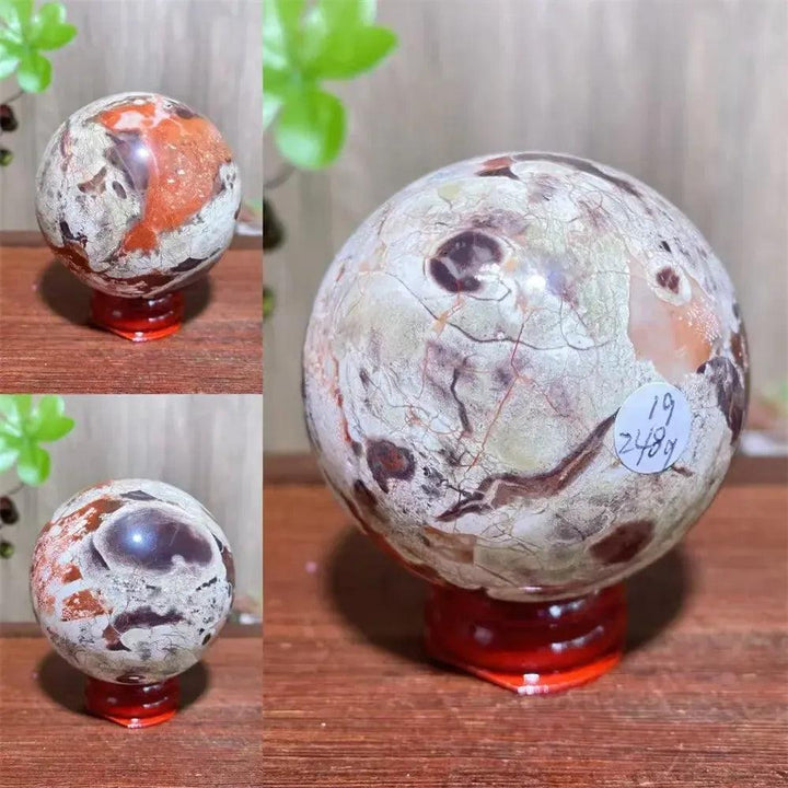 Polished Money Agate Crystal Sphere, a unique abundance stone with vibrant gold, rust, cream, and warm brown banding.