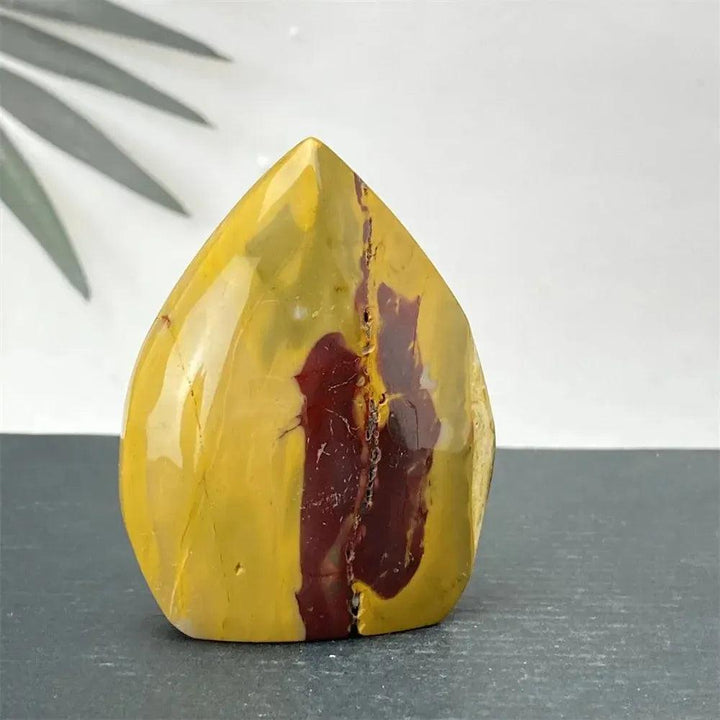 Polished Mookaite Jasper torch freeform in deep burgundy, mustard yellow, and cream from Crystal Destiny.