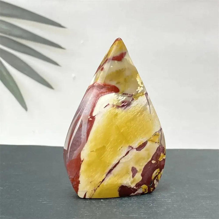 Polished Mookaite Jasper torch freeform from Crystal Destiny, featuring deep burgundy, mustard yellow, and cream swirls.