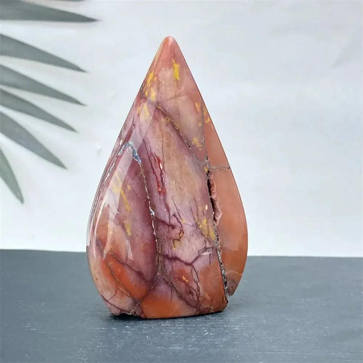 Polished Mookaite Jasper torch freeform from Crystal Destiny, featuring deep burgundy, mustard, cream, and rust swirls.