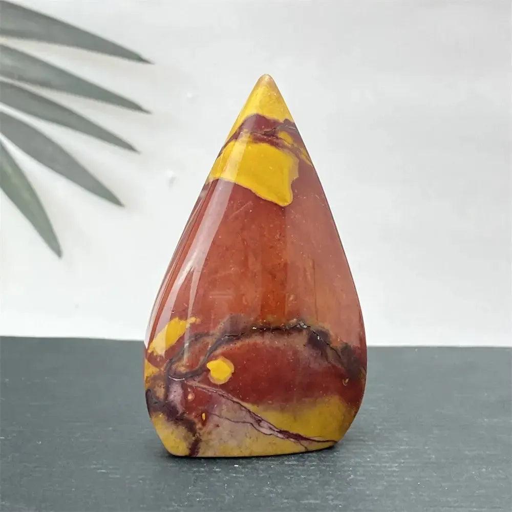 Polished Mookaite Jasper torch freeform crystal with swirling burgundy, mustard, cream, and rust red. Crystal Destiny.