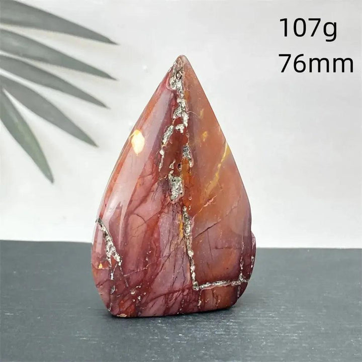 Polished Mookaite Jasper torch freeform crystal, 107g, 76mm, with deep burgundy, mustard, cream, and rust swirls from Crystal Destiny.