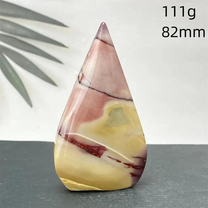 Polished Mookaite Jasper torch freeform from Crystal Destiny, with burgundy, mustard, and cream swirls.