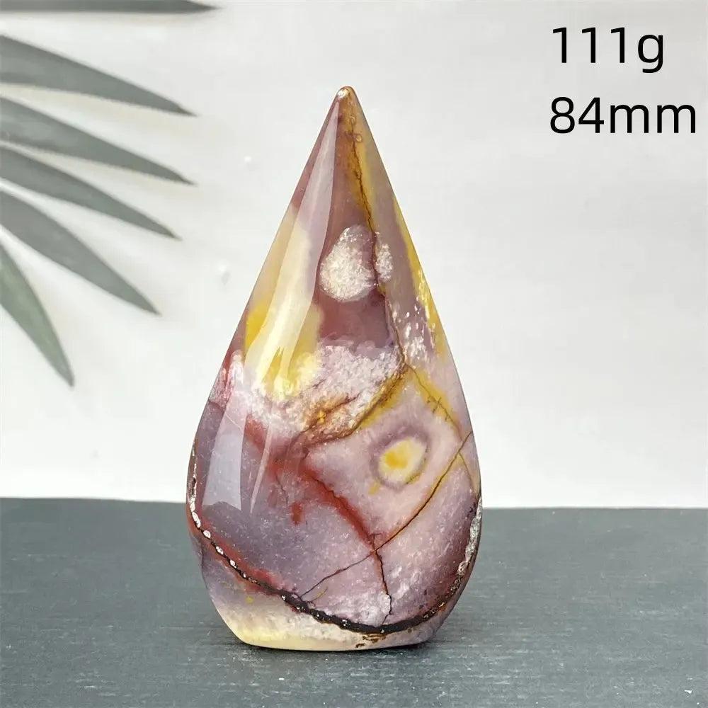 Polished Mookaite Jasper torch freeform, 111g, 84mm, with burgundy, yellow, cream, and rust red swirls from Crystal Destiny.