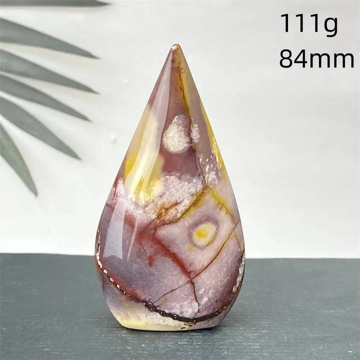 Polished Mookaite Jasper torch freeform, 111g, 84mm, with burgundy, yellow, cream, and rust red swirls from Crystal Destiny.