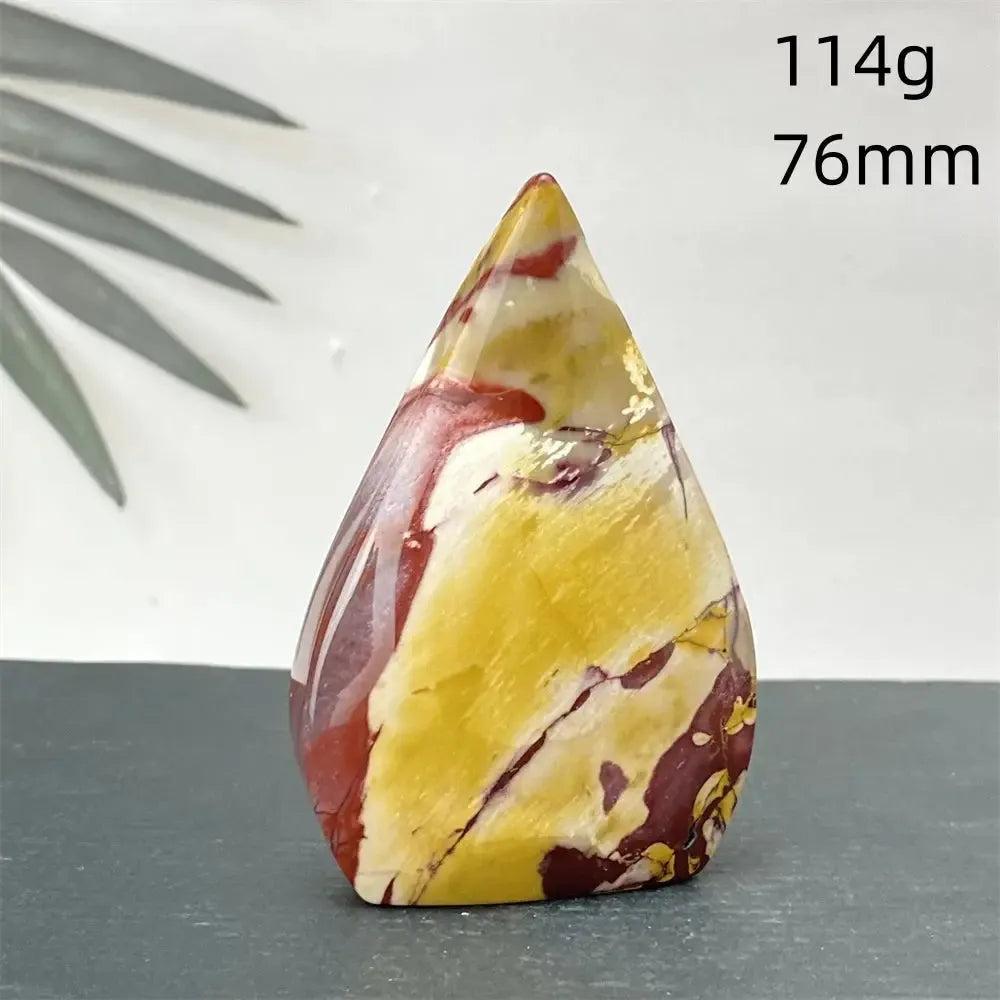Polished Mookaite Jasper torch freeform crystal, 114g, 76mm, with swirling burgundy, yellow, cream, and rust red.