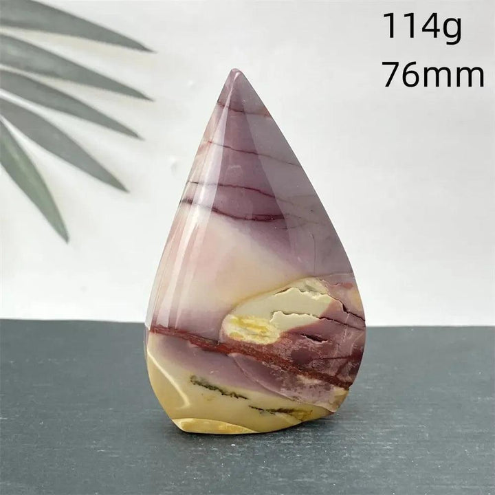 Polished Mookaite Jasper torch freeform from Crystal Destiny, 114g, 76mm, with burgundy, mustard, and cream swirls.
