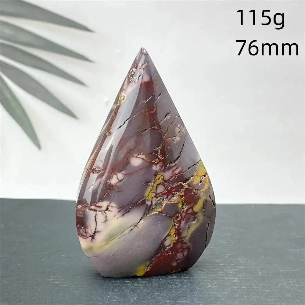 Polished Mookaite Jasper torch freeform, 115g, 76mm, with burgundy, yellow, cream, and red swirls from Crystal Destiny.