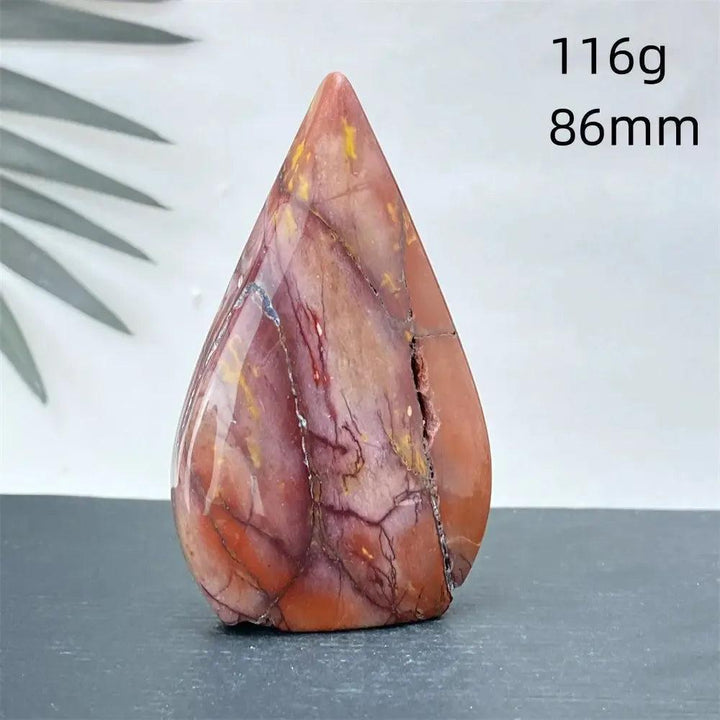 Polished Mookaite Jasper torch freeform from Crystal Destiny, 116g, 86mm, with burgundy, yellow, and cream swirls.