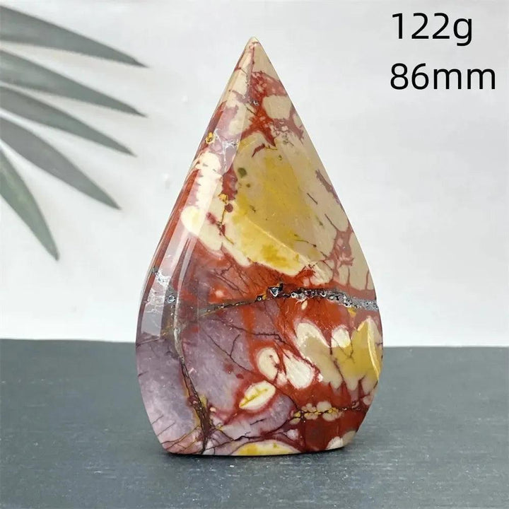 Polished Mookaite Jasper torch freeform crystal, 122g, 86mm, with swirling burgundy, yellow, cream, and rust red.