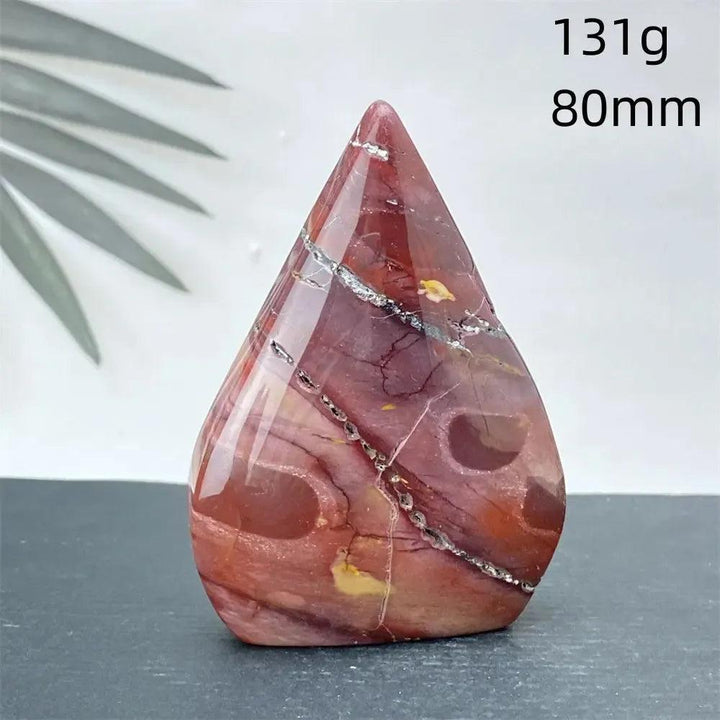 Polished Mookaite Jasper torch freeform crystal, 131g, 80mm, with burgundy, mustard, and cream swirls.