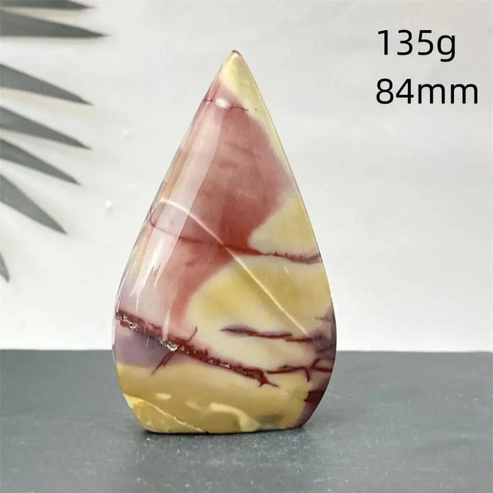Polished Mookaite Jasper torch freeform crystal, 135g, 84mm, with burgundy, mustard, cream, and rust swirls from Crystal Destiny.
