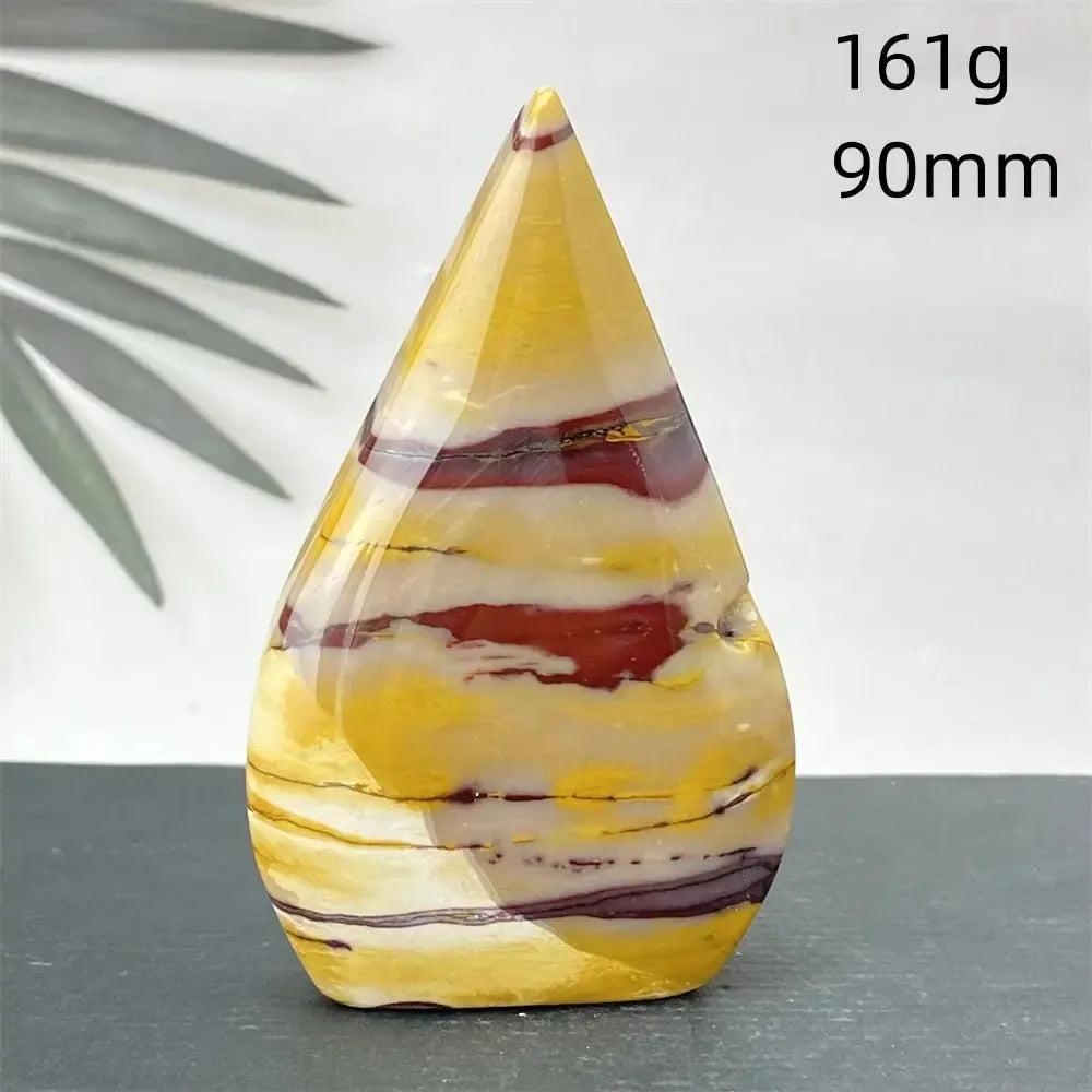 Polished Mookaite Jasper torch freeform from Crystal Destiny, 161g, 90mm, with yellow, burgundy, and cream swirls.