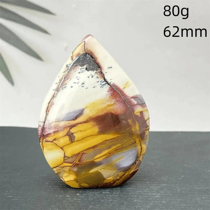 Mookaite Jasper torch freeform from Crystal Destiny, showing burgundy, mustard, cream, and rust swirls. 80g, 62mm.