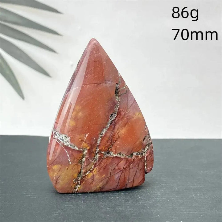 Polished Mookaite Jasper torch freeform from Crystal Destiny, 86g, 70mm, with deep red, yellow, and cream swirls.