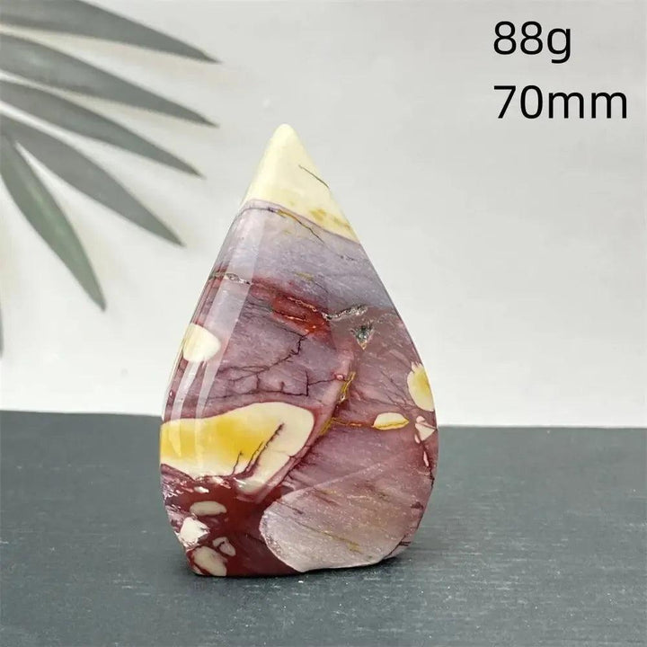 Polished Mookaite Jasper torch freeform, 88g, 70mm, with burgundy, mustard, cream, and rust red swirls from Crystal Destiny.