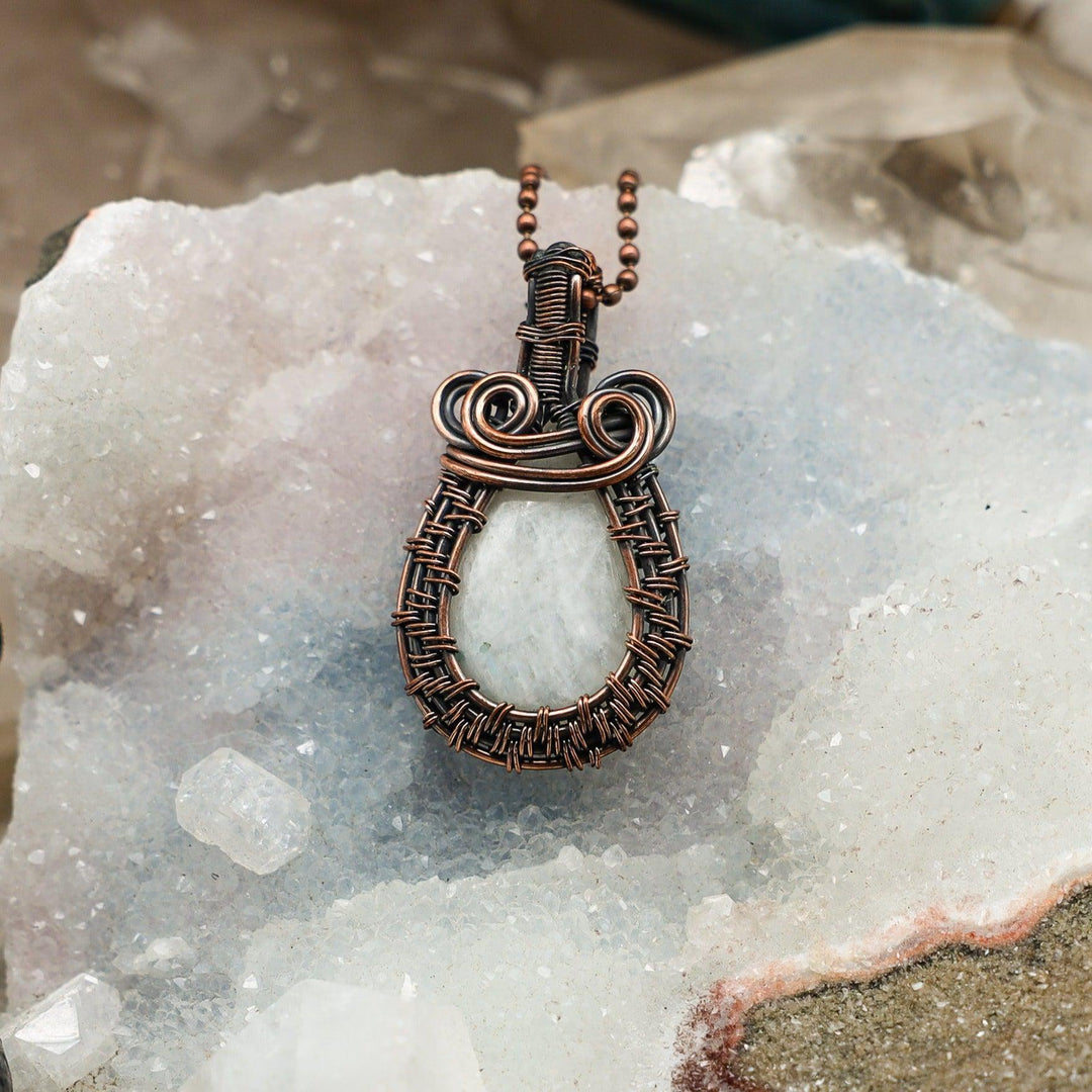 Moonstone Teardrop Wire Wrap Pendant: 2.05" genuine moonstone with soft, billowing adularescence, handcrafted in healing copper.
