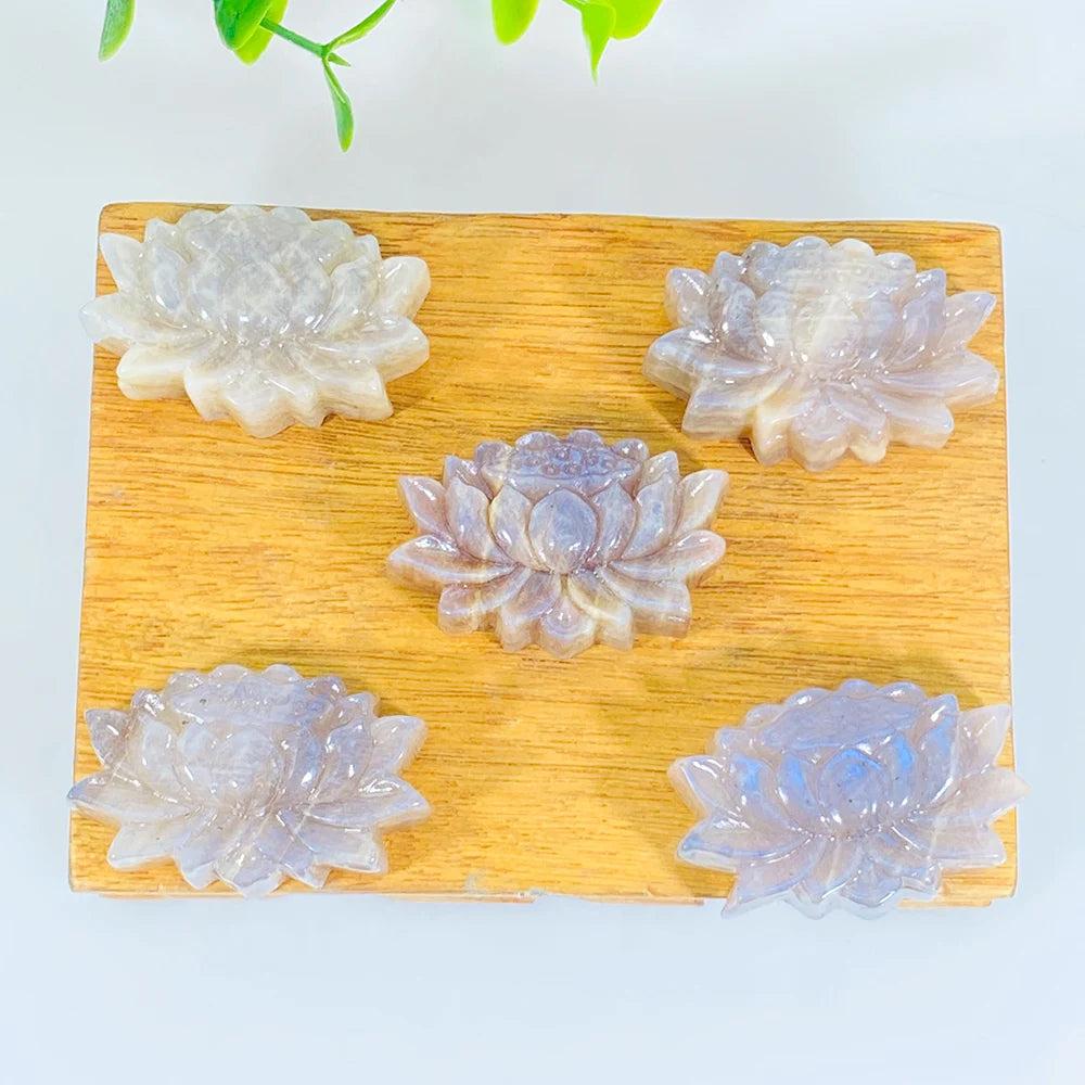 Hand-carved Moonstone lotus flowers with luminous adularescence, perfect for meditation and peaceful energy.