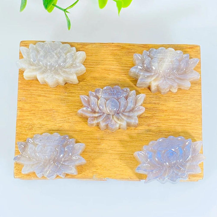 Hand-carved Moonstone lotus flowers with luminous adularescence, perfect for meditation and peaceful energy.