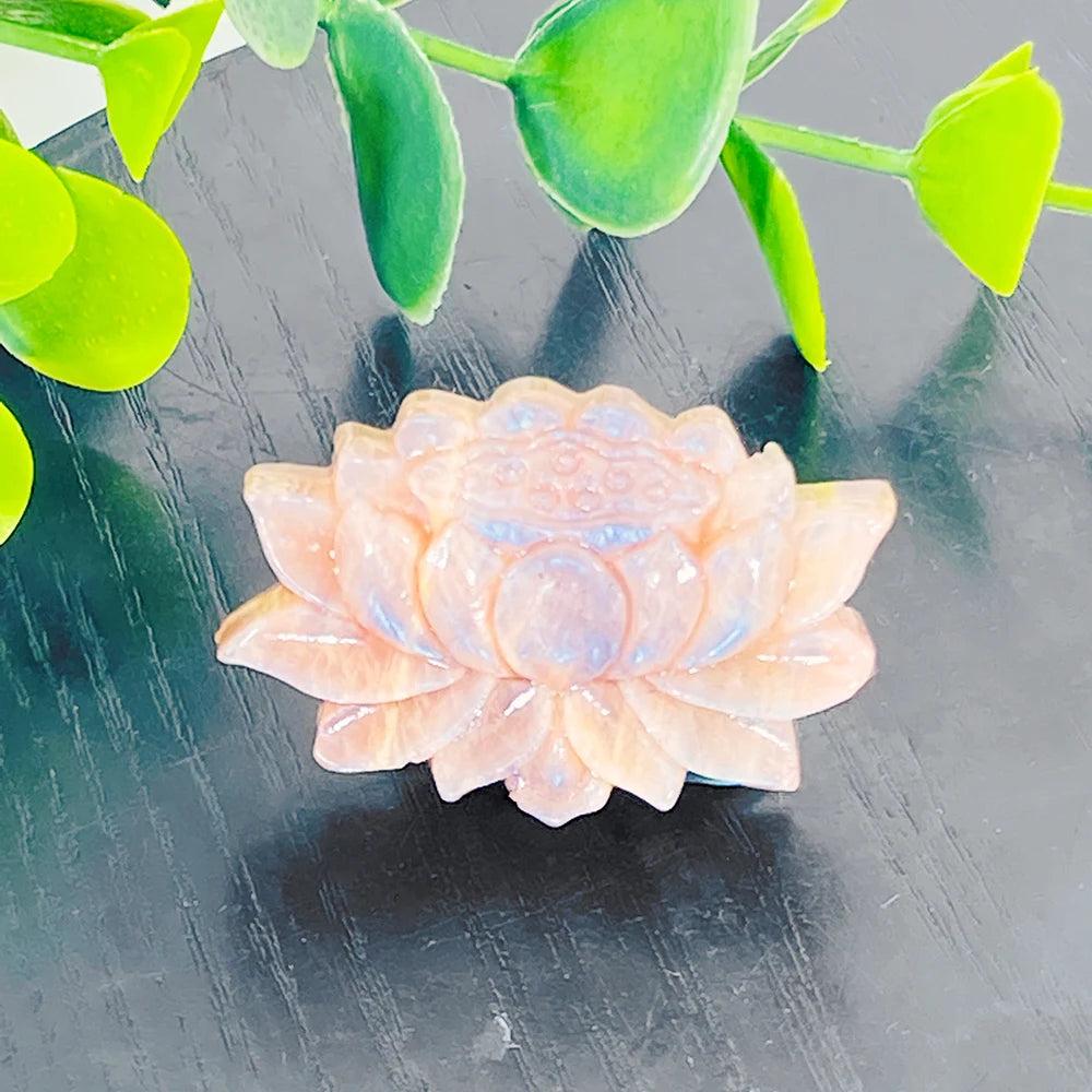 Hand-carved Moonstone lotus flower with a soft, luminous adularescent glow for peace, intuition, and meditation.