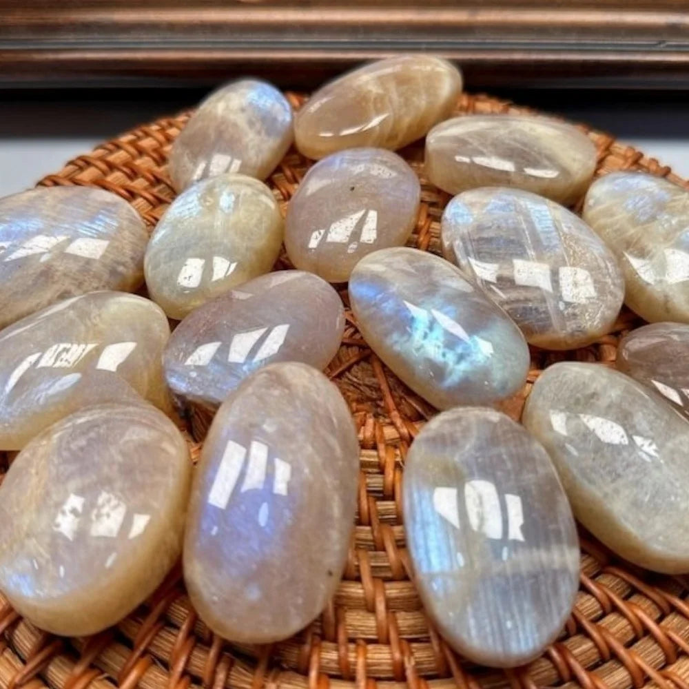Polished natural blue flash moonstone palm stones with a smooth, iridescent finish for healing and meditation.