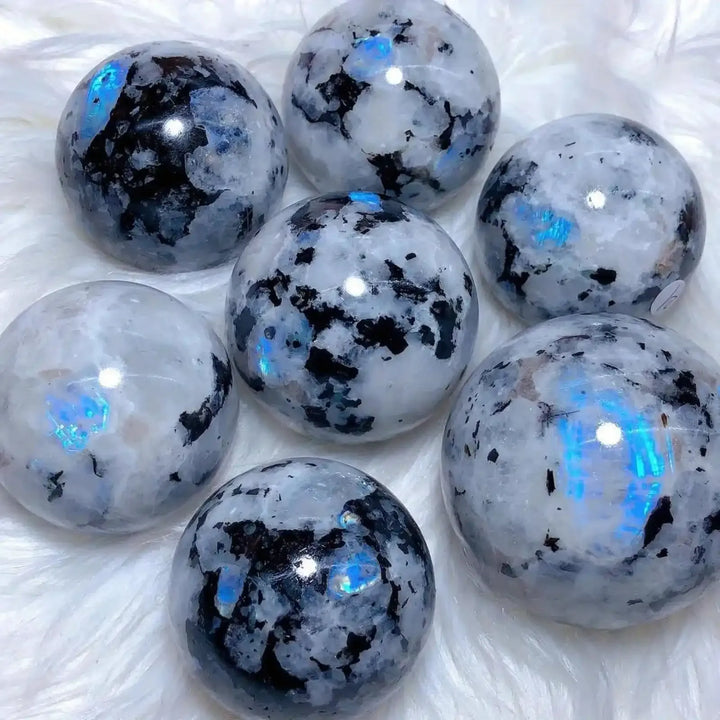 Polished Moonstone sphere collection featuring iridescent blue flashes and black inclusions for elegant home decor.