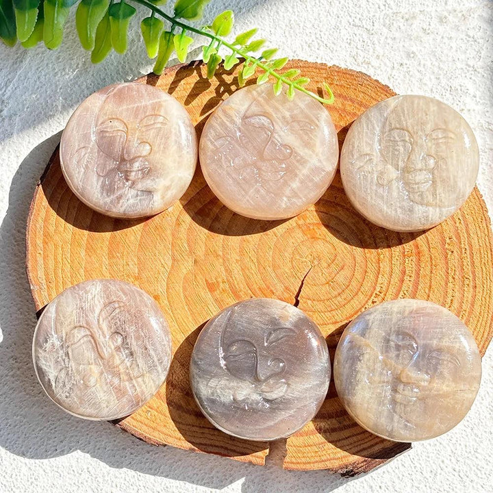 Moonstone Crystal Sun and Moon Face Carving, pearlescent glow for intuition and new beginnings.