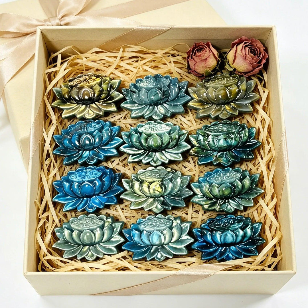 Moonstone & Labradorite crystal carved lotus flowers in a gift box, symbolizing transformation and intuition.