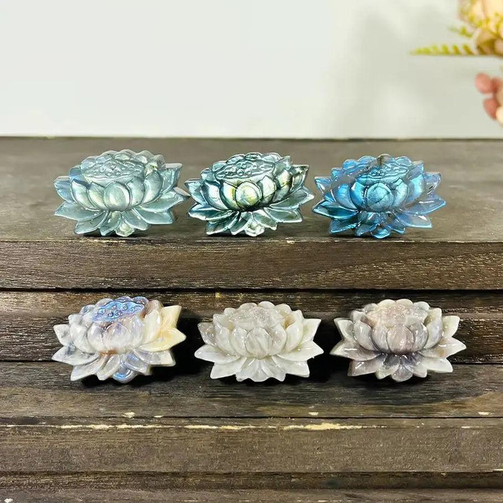 Six hand-carved Moonstone and Labradorite crystal lotus flowers, radiating transformation and peace.