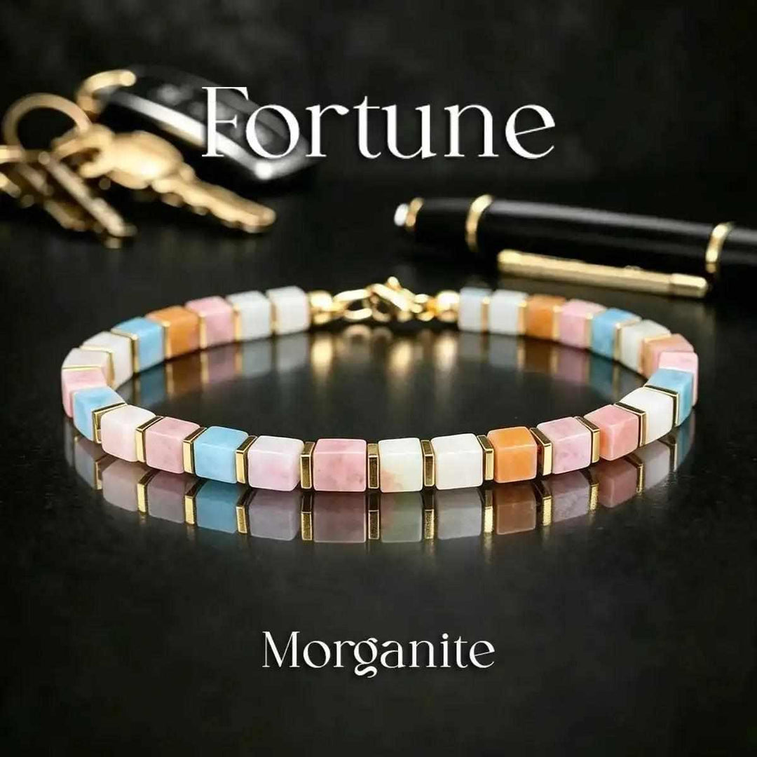 Morganite square bead bracelet featuring pastel pink, blue, and orange stones with gold-tone spacers for mindful elegance.
