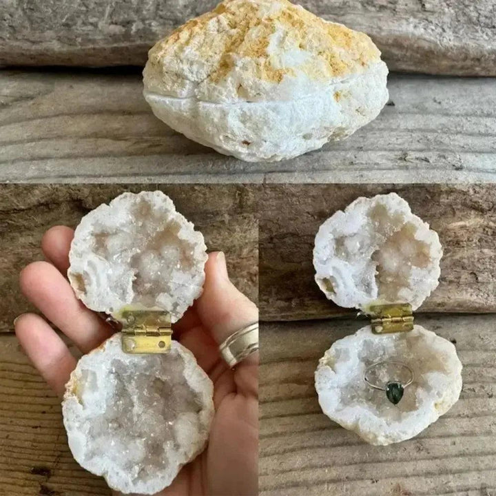 Moroccan Agate geode ring box from Crystal Destiny, with sparkling druzy quartz, earthy tones, and a gold hinge.