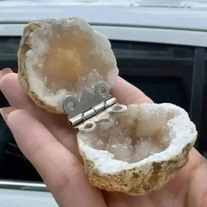 Moroccan Agate geode "ring" box by Crystal Destiny, featuring sparkling druzy quartz and warm earth tones.