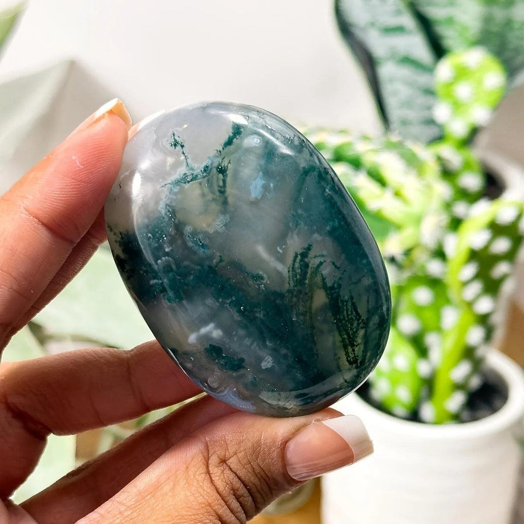 Smooth Moss Agate palm stone with translucent white chalcedony and moss-like green inclusions for grounding meditation.