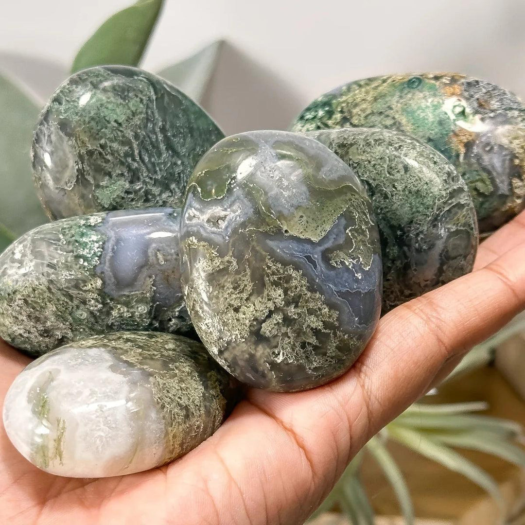Smooth, polished Moss Agate palm stones with green moss-like inclusions for grounding and heart chakra healing.
