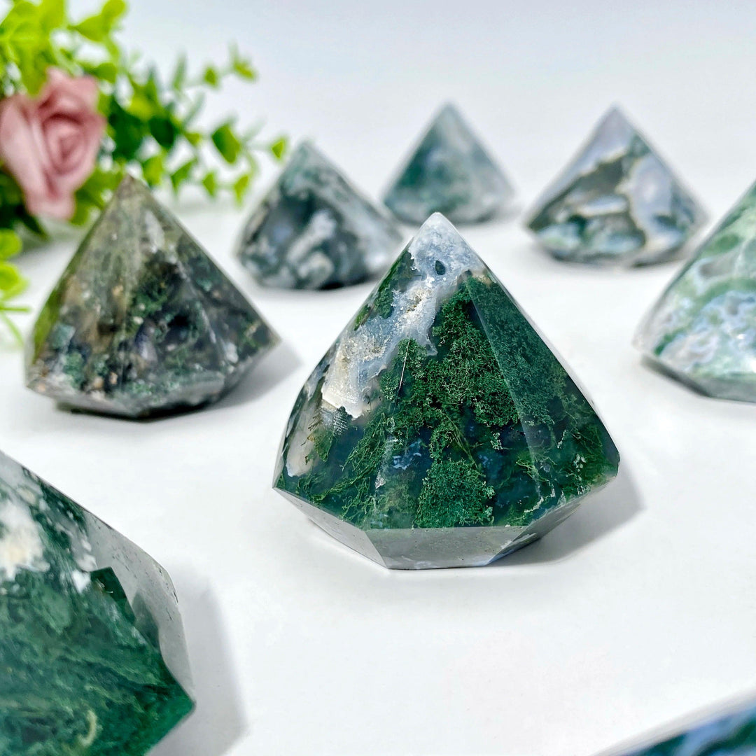 Green Moss Agate crystal, polished diamond shape, with natural dendritic inclusions for growth and abundance.
