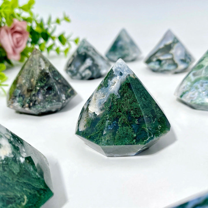 Green Moss Agate crystal, polished diamond shape, with natural dendritic inclusions for growth and abundance.