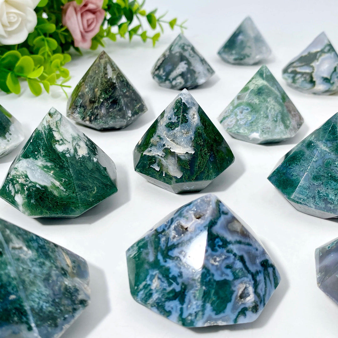 Polished Moss Agate crystal diamond shapes with green dendritic inclusions, promoting growth and abundance.