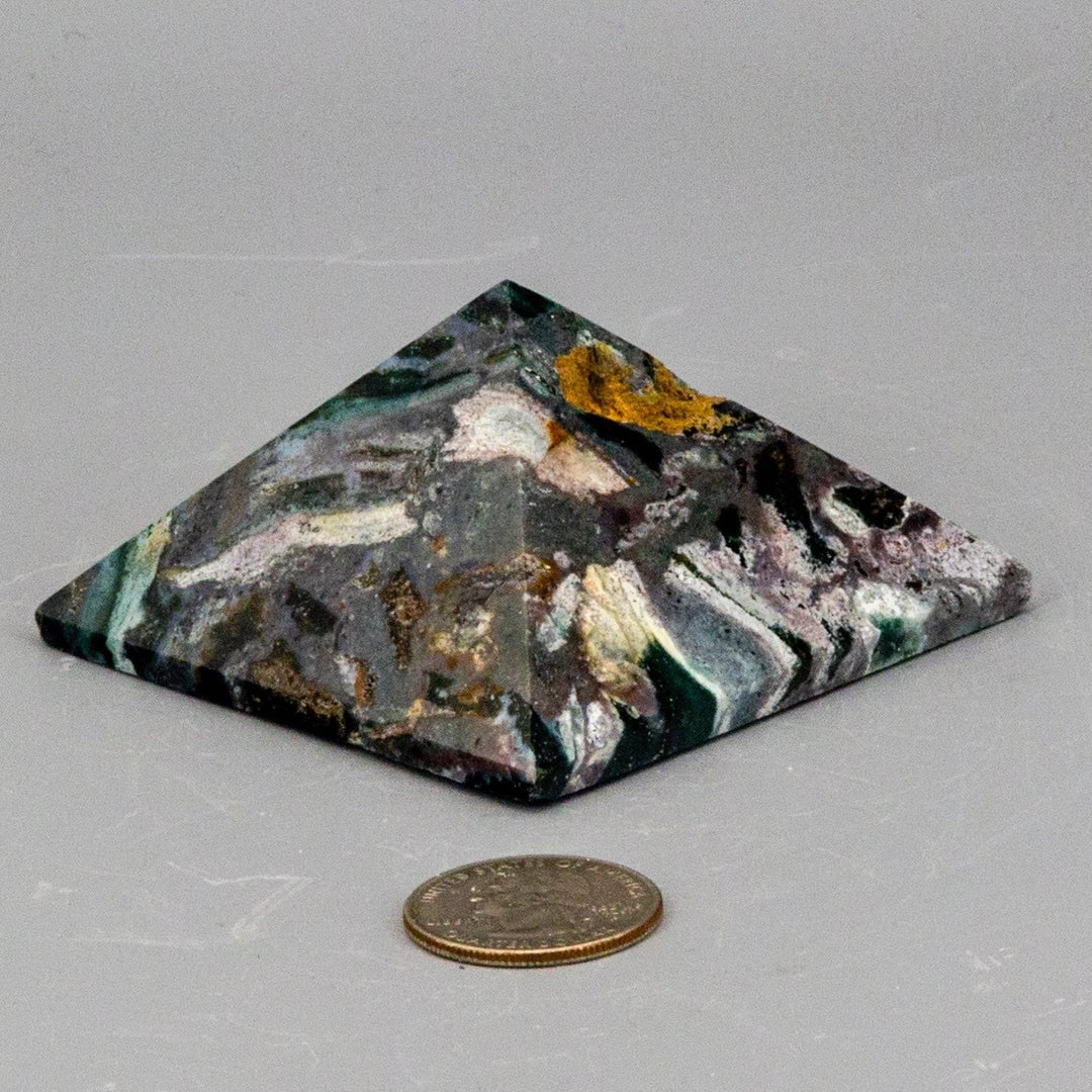 Moss Agate Pyramid, 2.85-inch growth stone with green inclusions, natural druzys, and vugs.