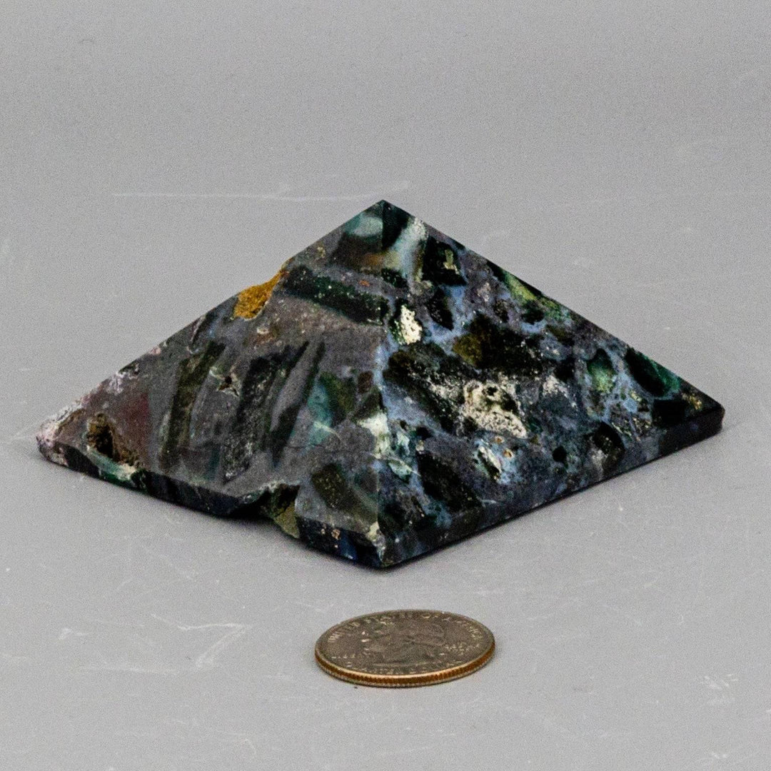 Moss Agate Pyramid, 2.85-inch, 206g, with natural druzys and vugs, showcasing vibrant green inclusions.