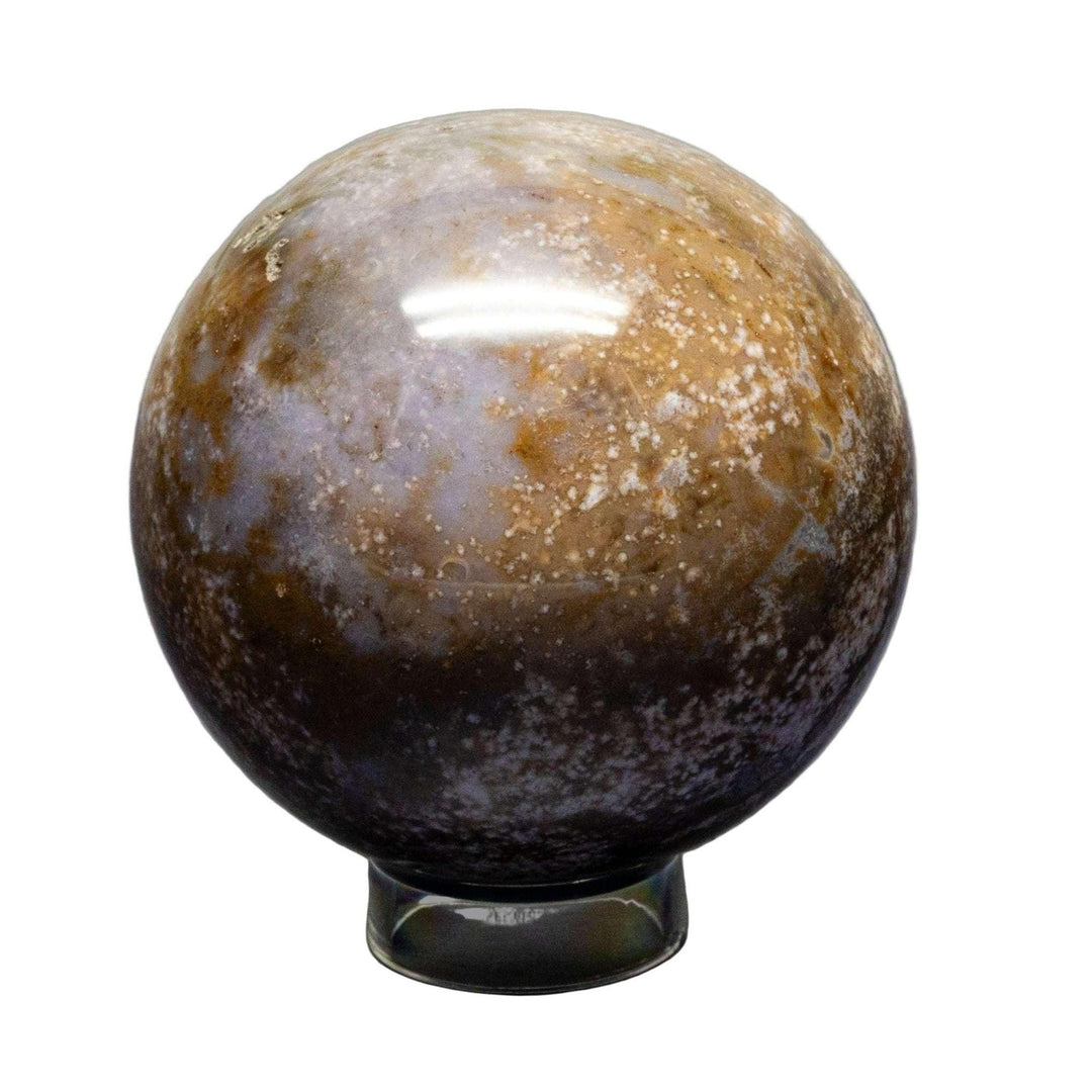 Polished Moss Agate Sphere 76mm, showcasing unique green chlorite inclusions in translucent chalcedony.