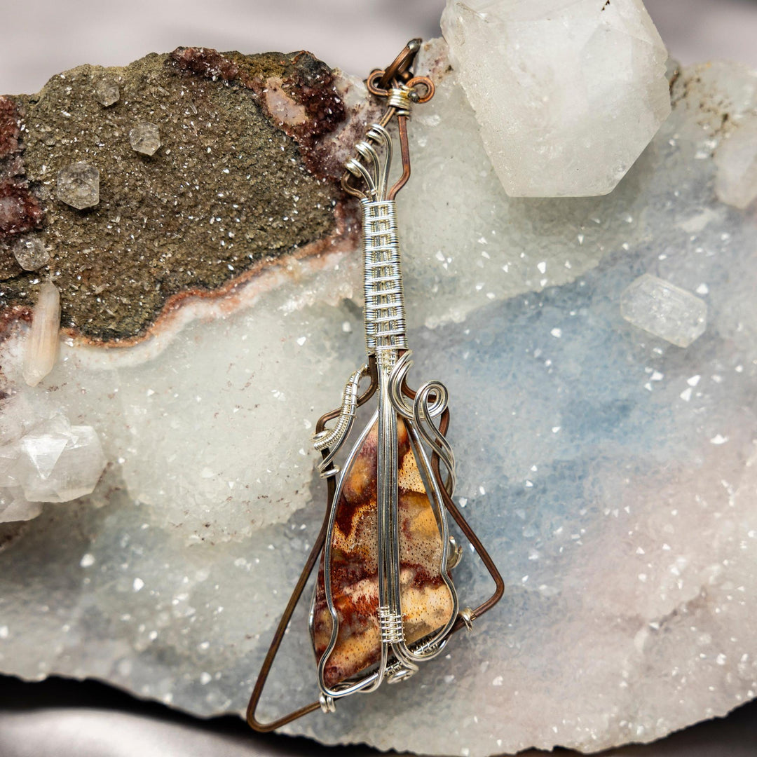 Healing Moss Agate Guitar Wire Wrap Pendant, 4.5-inch, handcrafted copper with unique green dendrites.