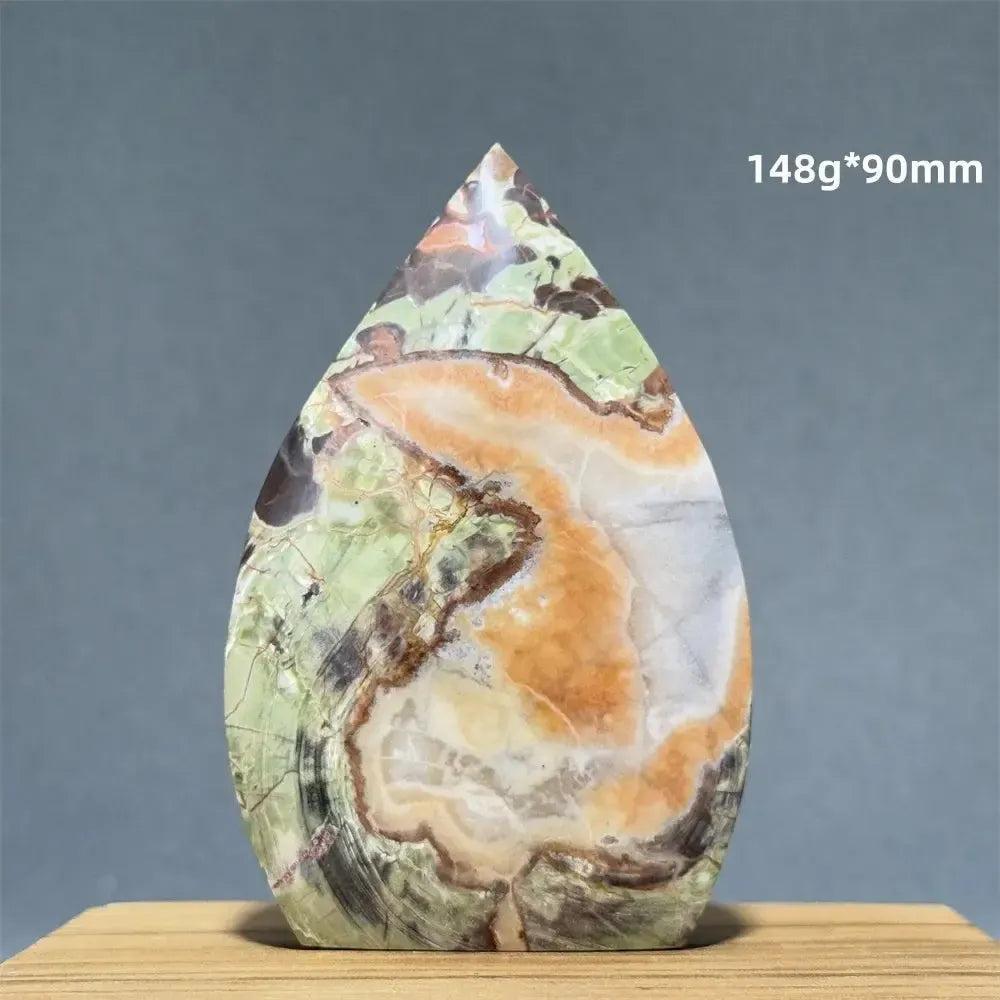 Moss Agate freeform torch from Crystal Destiny, 148g*90mm, with green, orange, and white natural dendritic patterns.