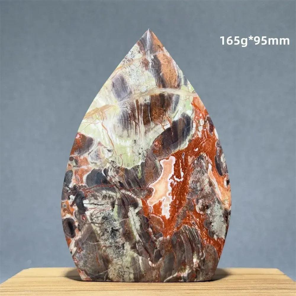 Natural Moss Agate freeform torch from Crystal Destiny, 165g, 95mm, with green, red, and brown dendritic inclusions.