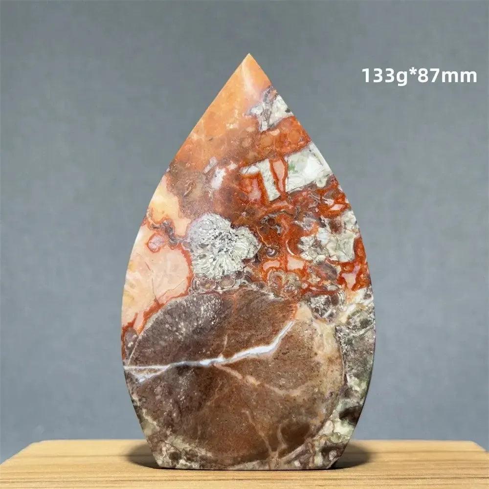 Natural Moss Agate freeform torch, 133g, 87mm, with red, white, and brown landscape patterns from Crystal Destiny.