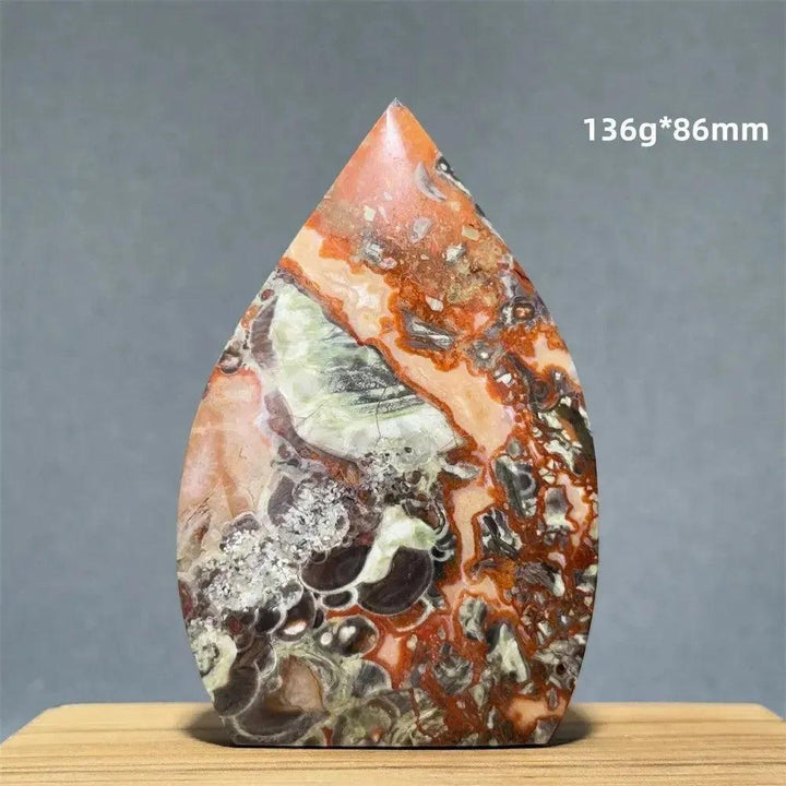 Natural Moss Agate freeform torch from Crystal Destiny, featuring green dendritic inclusions and earthy tones.