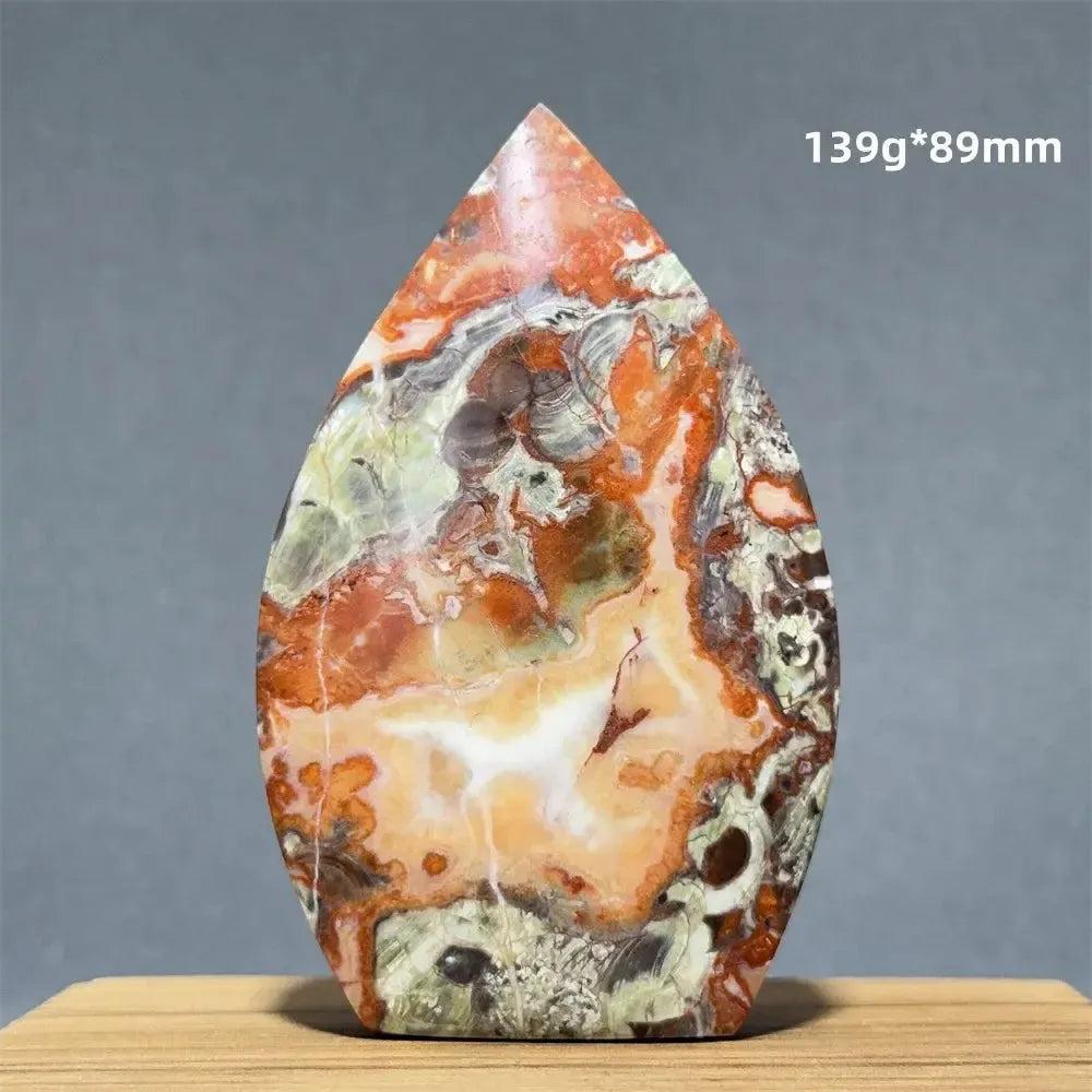 Moss Agate freeform torch, 139g, 89mm, with green, orange, and white dendritic inclusions from Crystal Destiny.