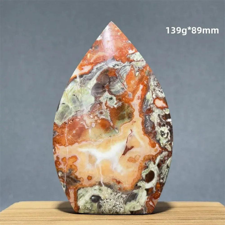 Moss Agate freeform torch, 139g, 89mm, with green, orange, and white dendritic inclusions from Crystal Destiny.