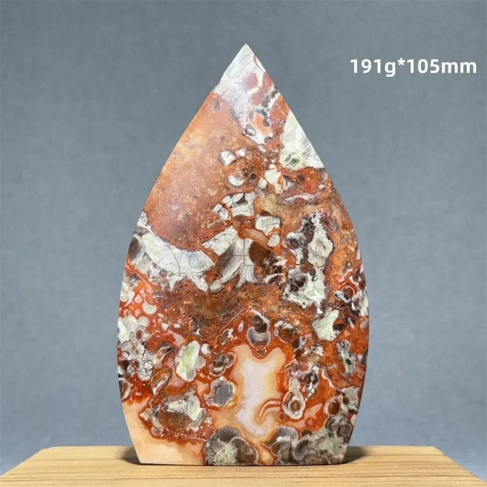 Red and white Moss Agate freeform torch from Crystal Destiny, 191g, 105mm, with natural upward energy.