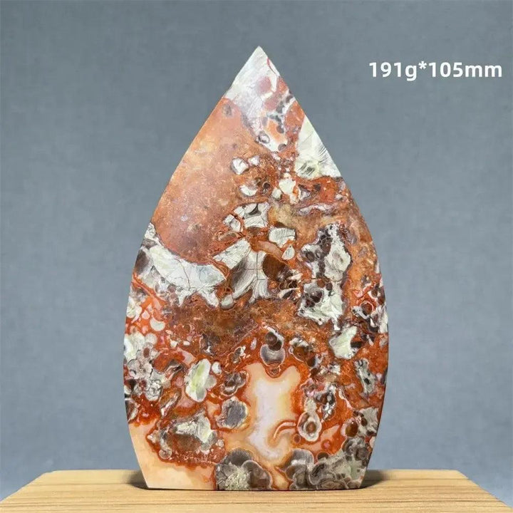 Red and white Moss Agate freeform torch from Crystal Destiny, 191g, 105mm, with natural upward energy.