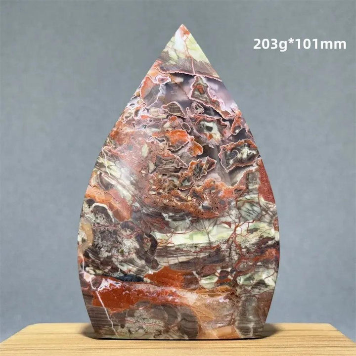 Moss Agate freeform torch from Crystal Destiny, featuring green, red, and brown dendritic inclusions, 203g, 101mm.